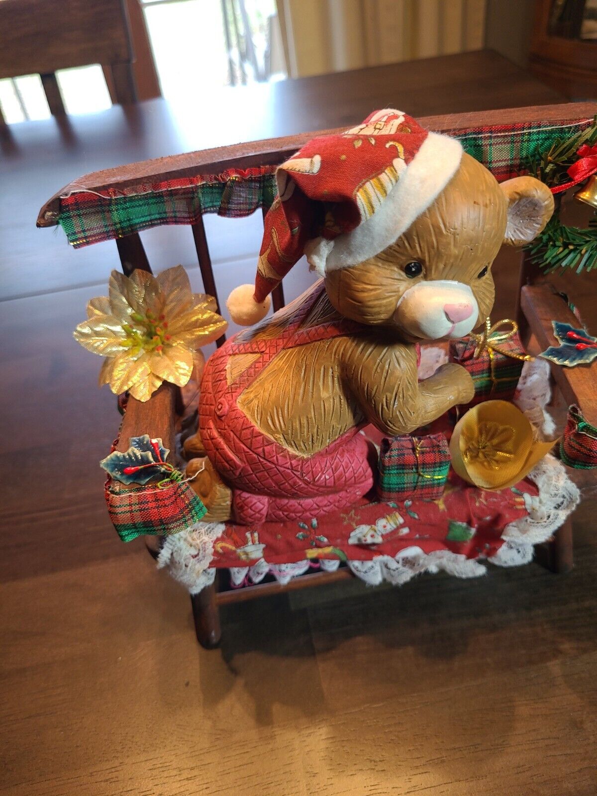 Vintage Country Bear Figurine Wrapping Christmas Presents on Wood Bench 