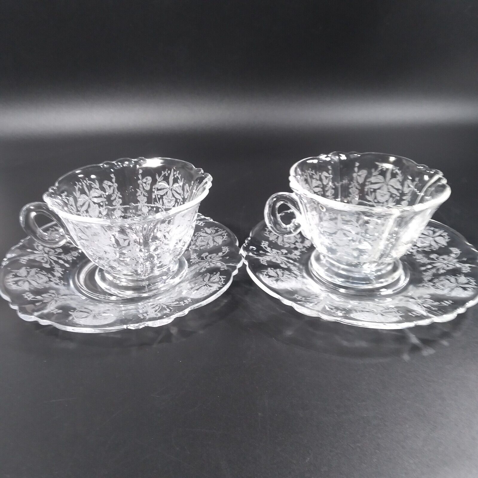 Set of 2 Heisey ORCHID Cup Saucer Set QUEEN ANNE Shape 4 Pieces c. 1940-1957