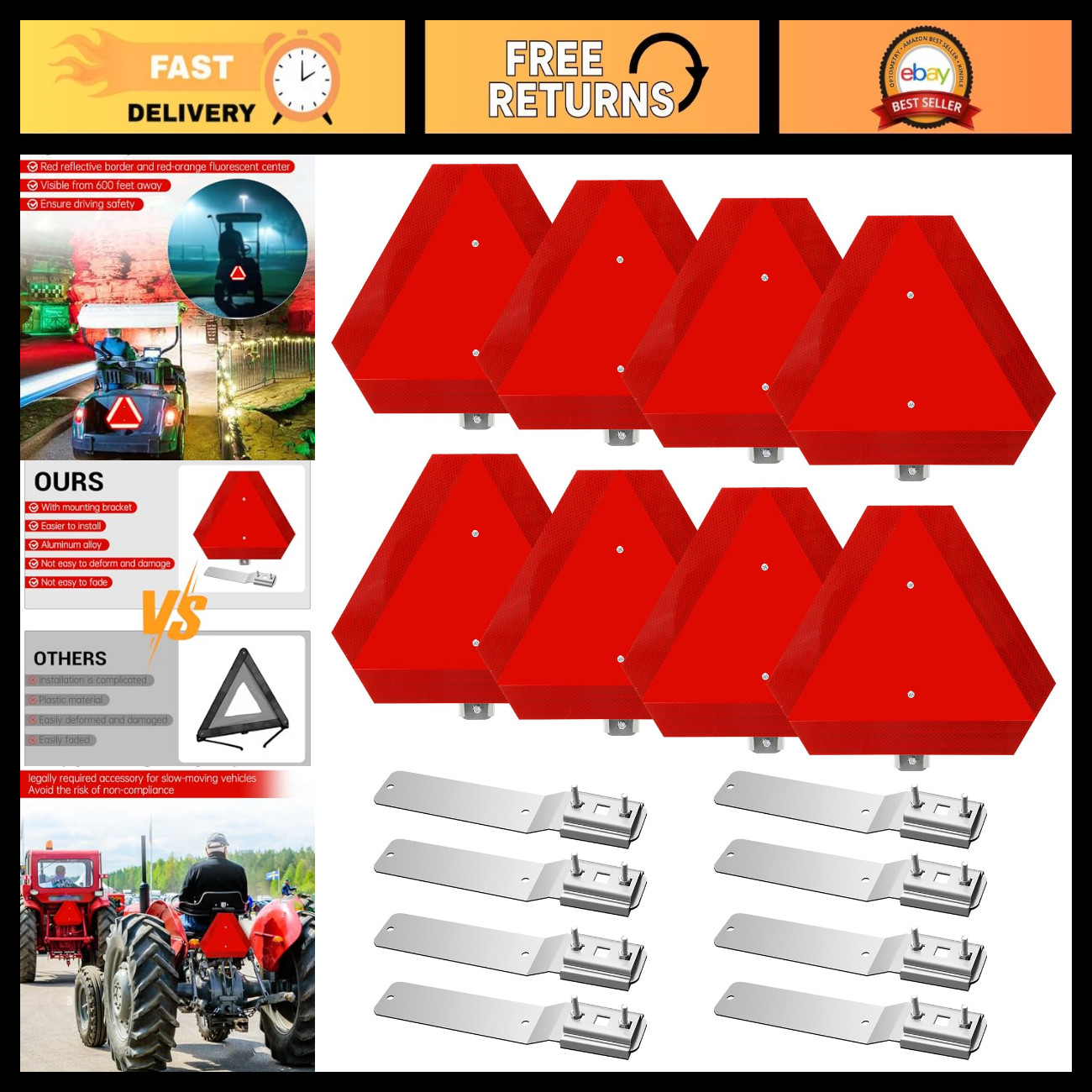 8 Sets Slow Moving Vehicle Triangles with Mounting Bracket - Safety Warning Sign