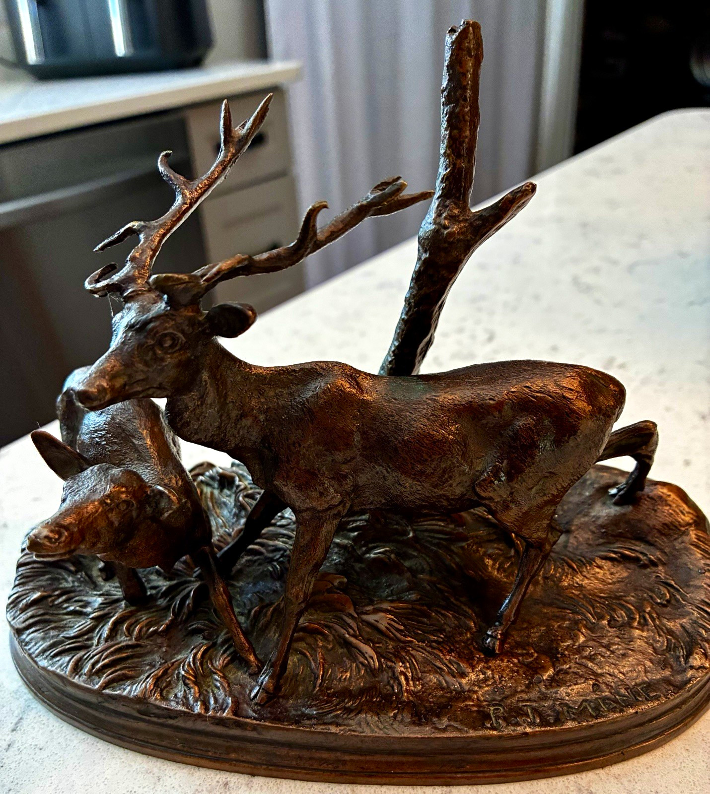 P.J. Mene Signed Bronze Antique Metal Deer/Stag 3D Sculpture on Oval Base