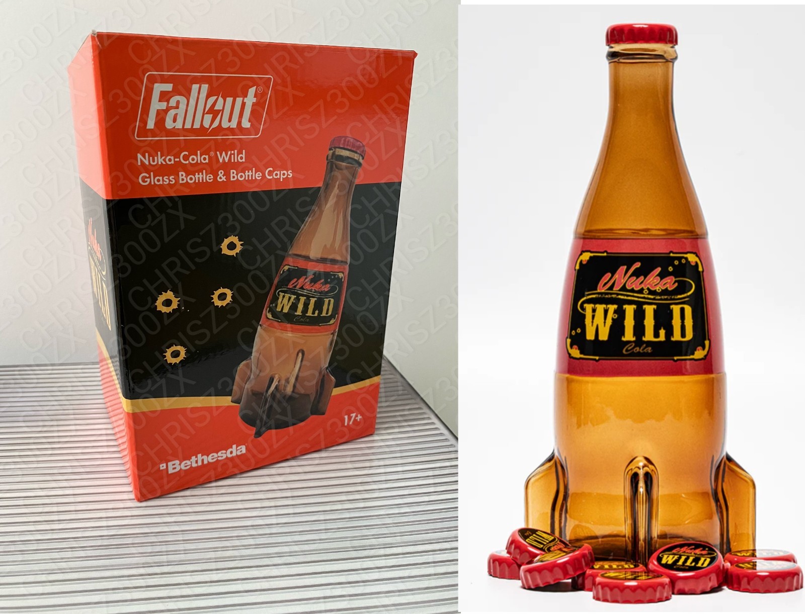 Fallout Nuka Cola Wild Glass Bottle + 10 Bottle Caps Rocket Replica Figure