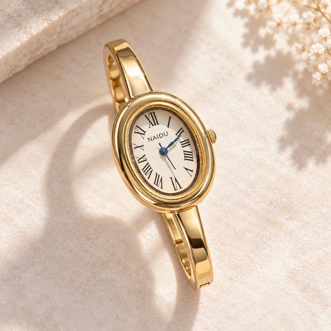 Classic Gold Watch Oval Face Roman Numerals Ladies Wristwatch