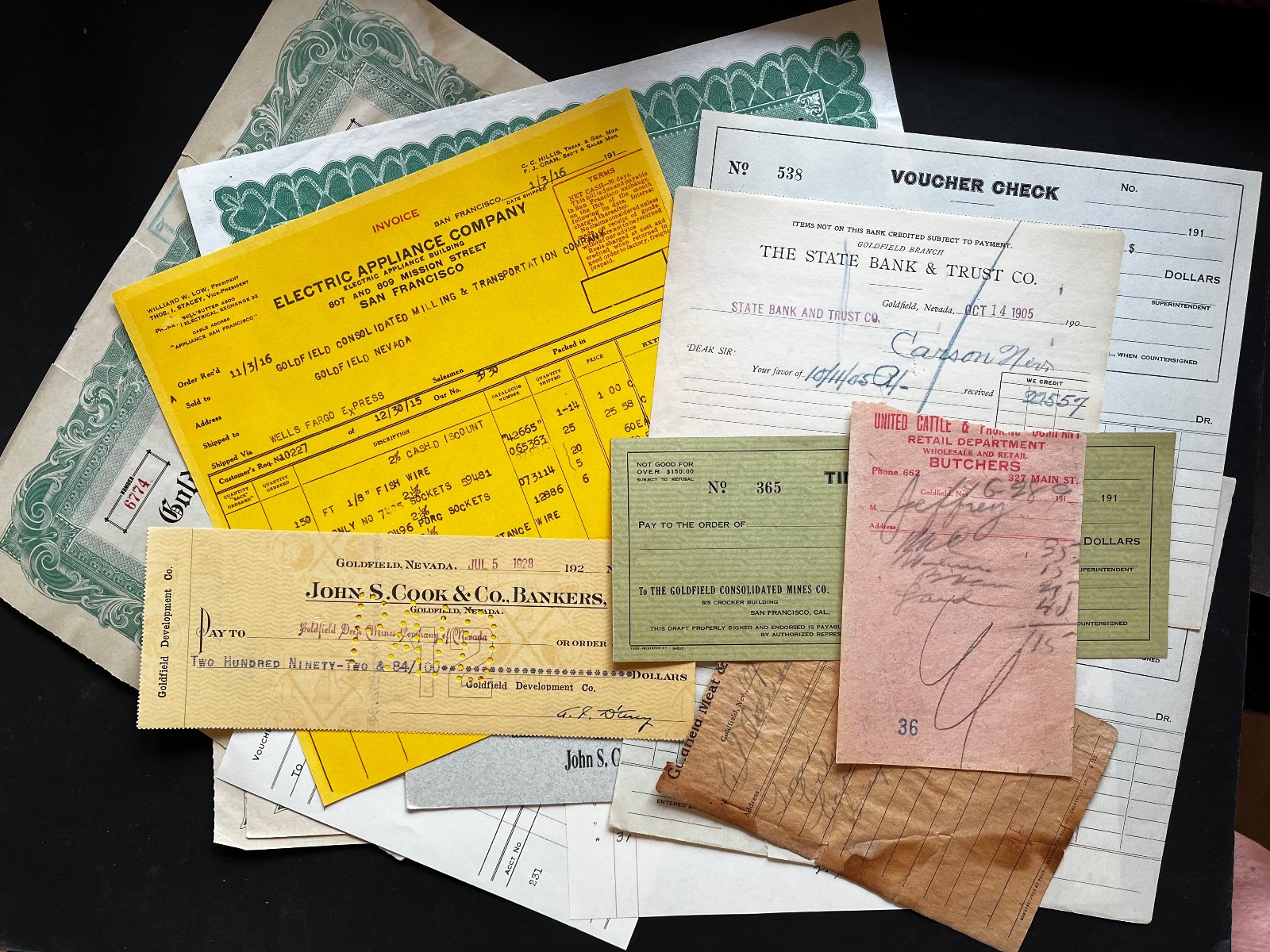 GOLDFIELD NV GHOST TOWN 1900-20s EPHEMERA LOT STOCKS, VOUCHERS,COOK,CHECKS,MINES GOLDFIELD NV GHOST TOWN 1900-20s EPHEMERA LOT STOCKS, VOUCHERS,COOK,CHECKS,MINES
