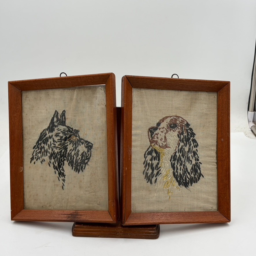 Vintage Framed Dog Needlepoint Art Pair Terrier Portraits Wood MCM Decor