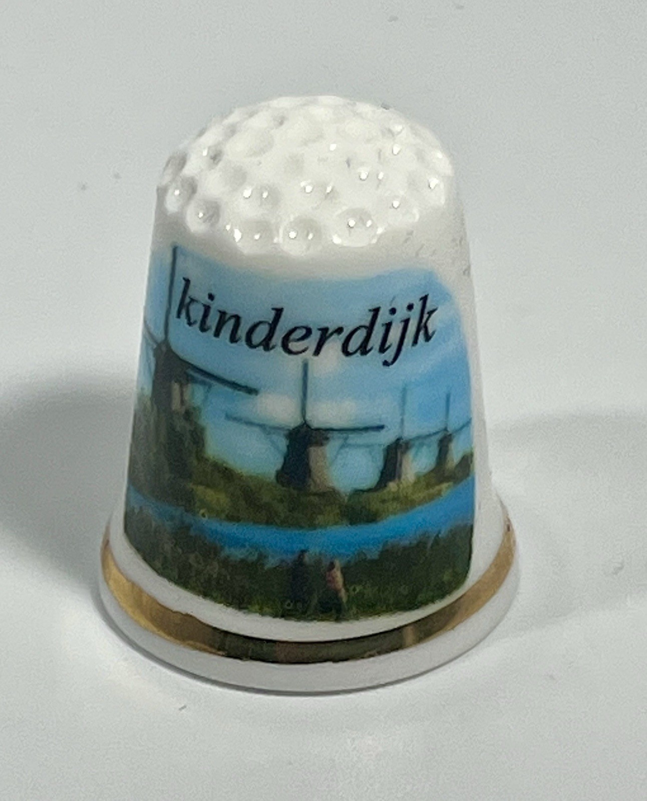 Vintage Marked ENGLISH PORCELAIN Thimble - Kinderdijk, Netherlands- Windmills