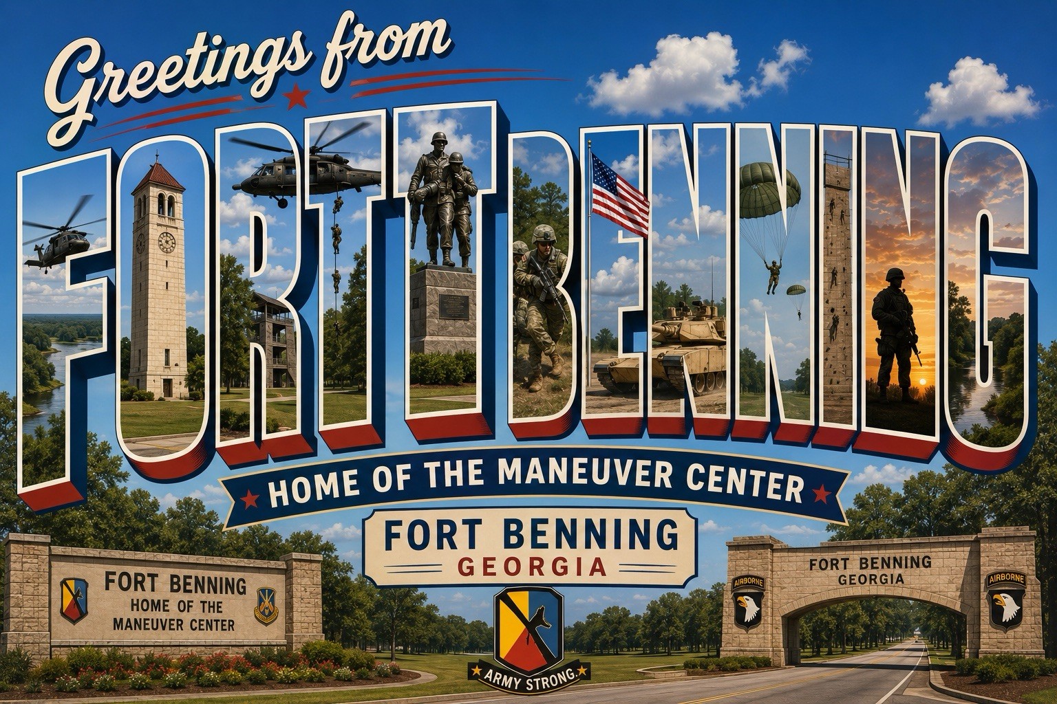 Greetings From FORT BENNING GEORGIA Modern Large Letter Postcard Military C126