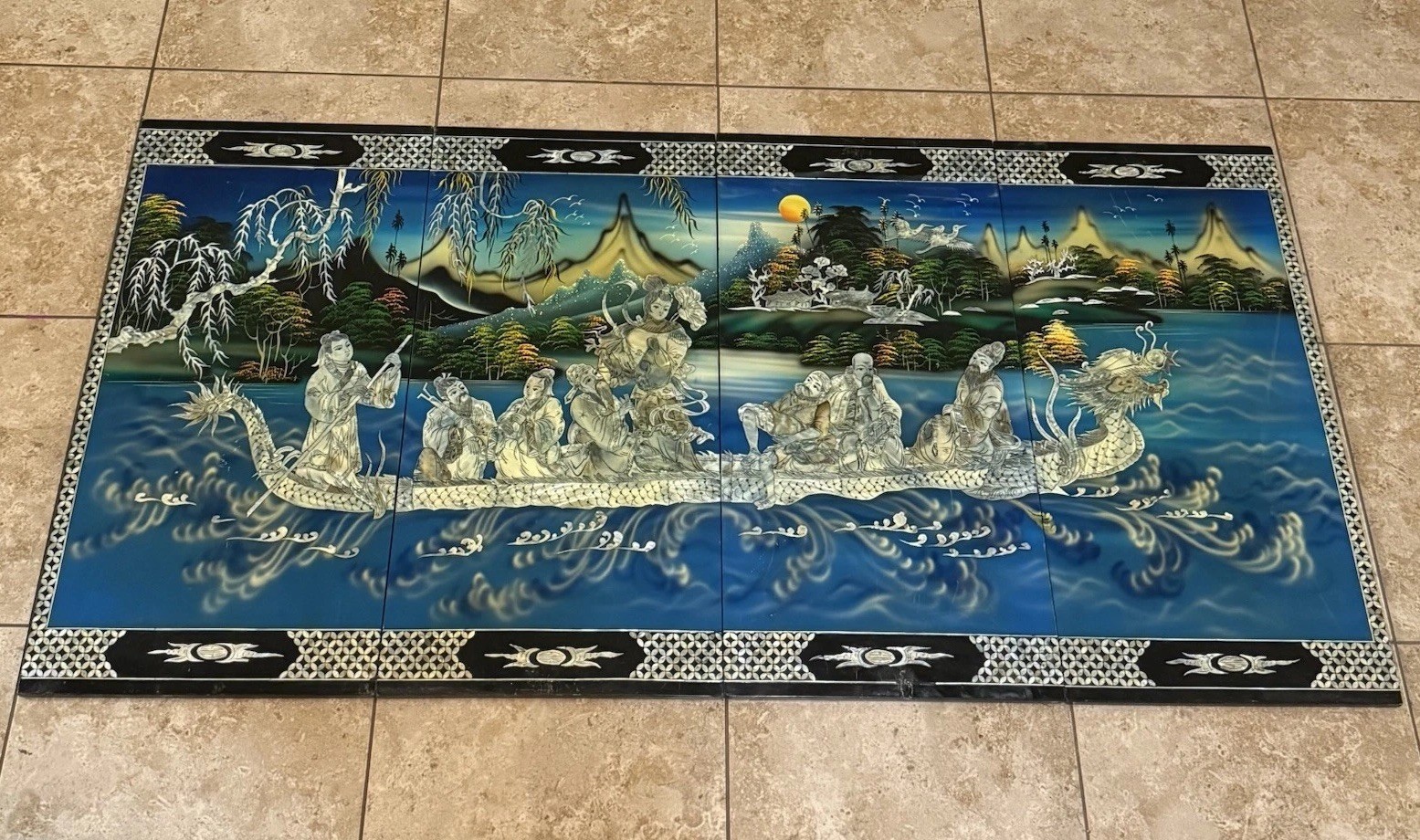 VTG Rare 4 Panel Vietnamese Mother of Pearl Inlay Lacquer Boat Dragon 62.5”x31”