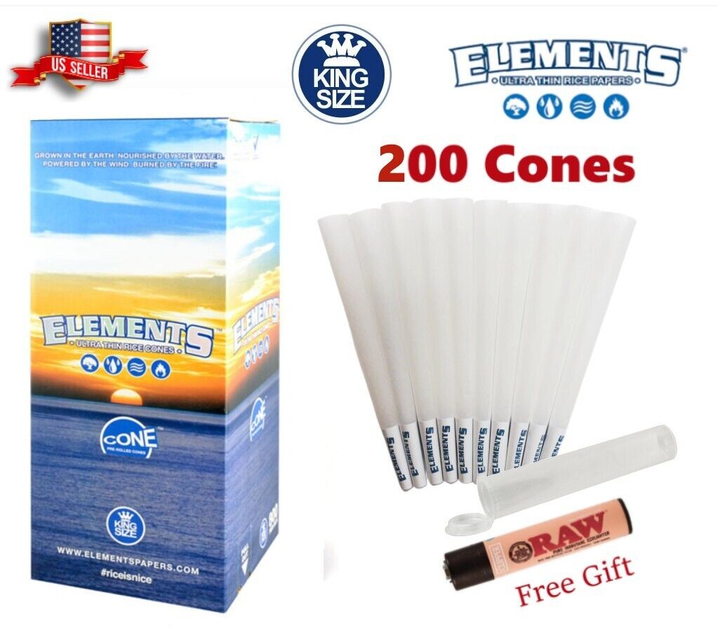 Elements Ultra Thin Rice Cones King Size 200 Pack & Free RAW Clipper Lighter