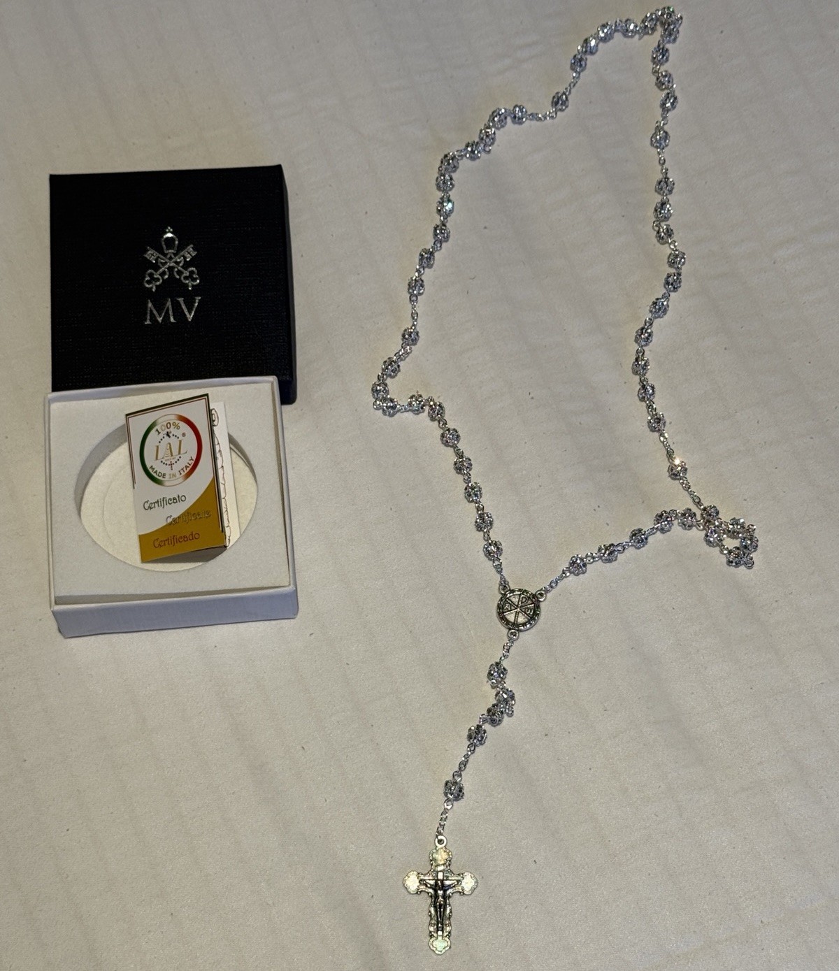 Vatican Catholic Rosary Silver Sparkle Beads In Vatican Museum Box Authentic NEW