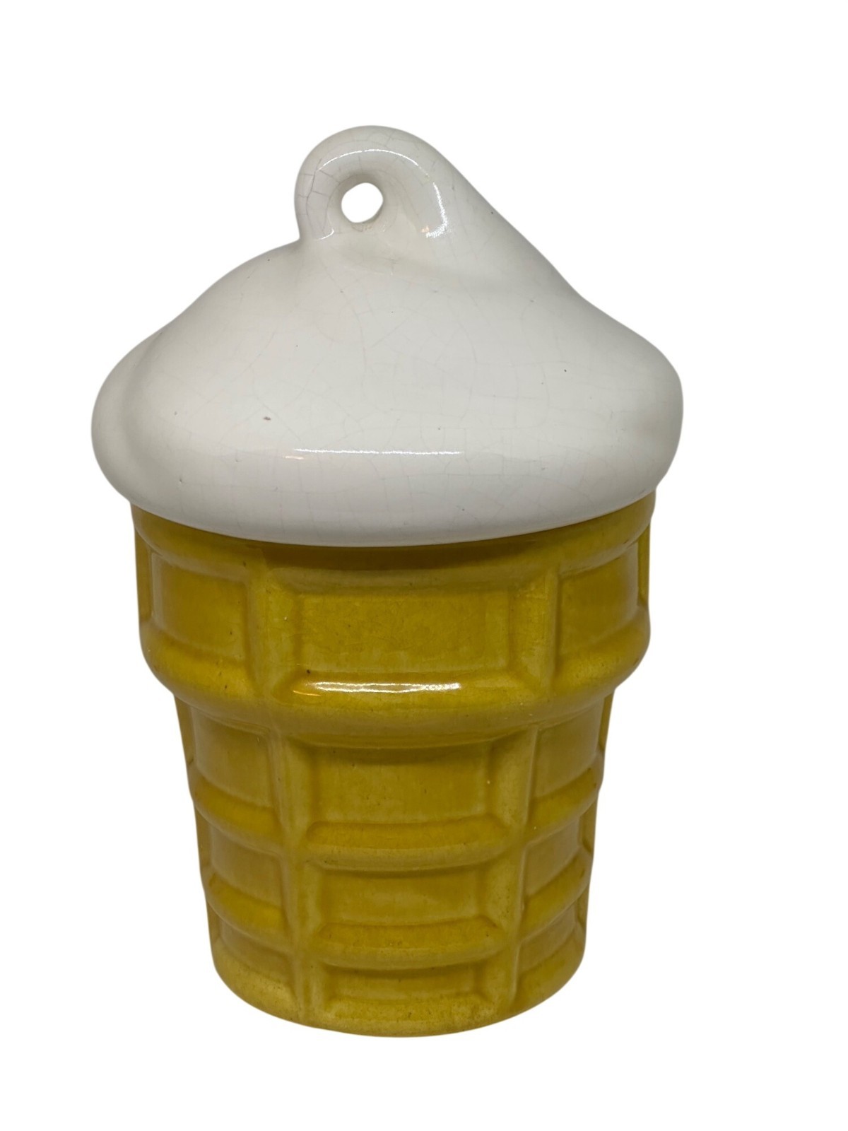 VTG Ceramic Ice Cream Cone Cookie Jar Yellow White Swirl Lid Novelty Canister