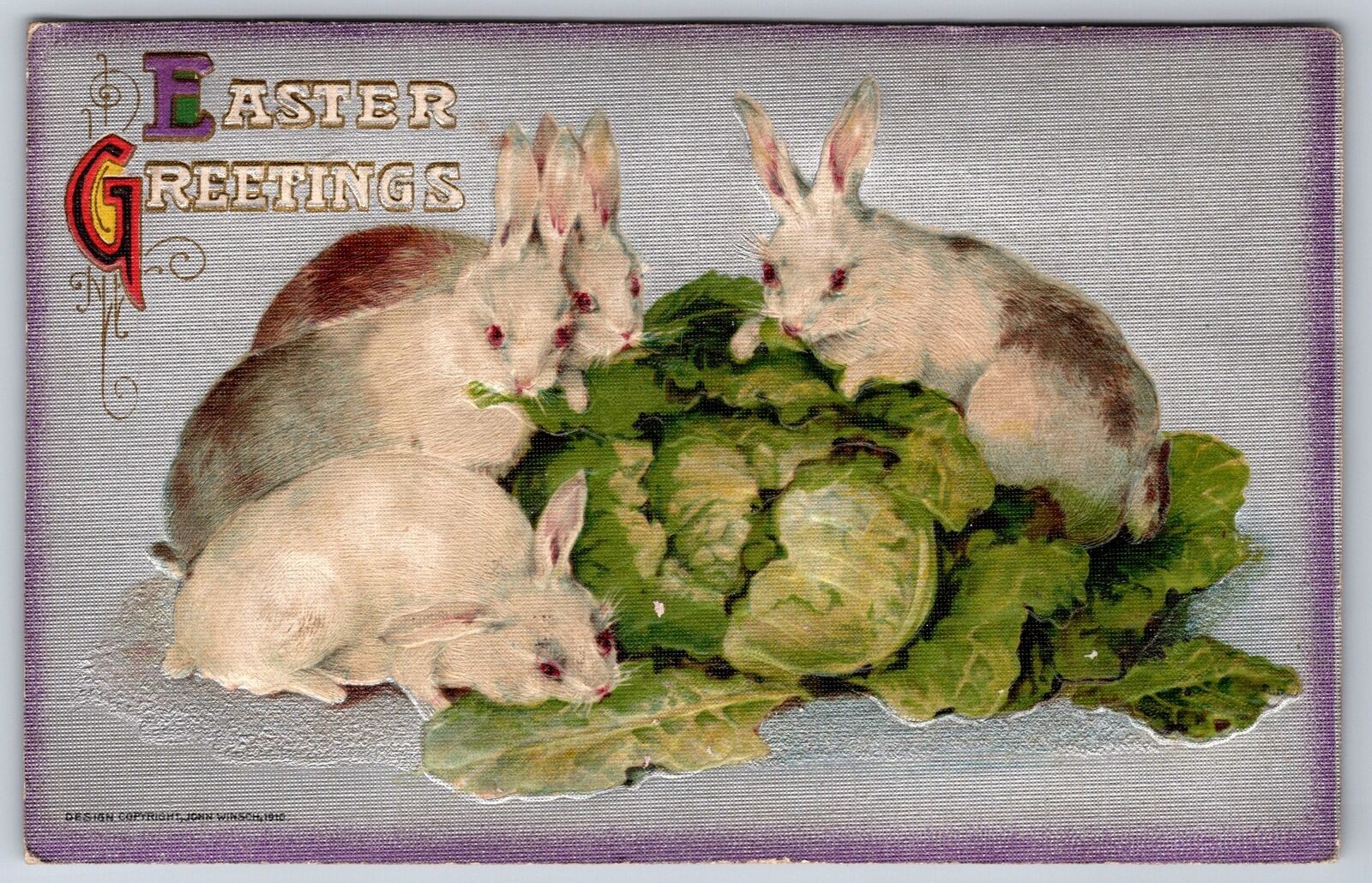 Easter~White Bunny Rabbits Eat Lettuce Leaves~Silver Back Lavender~John Winsch