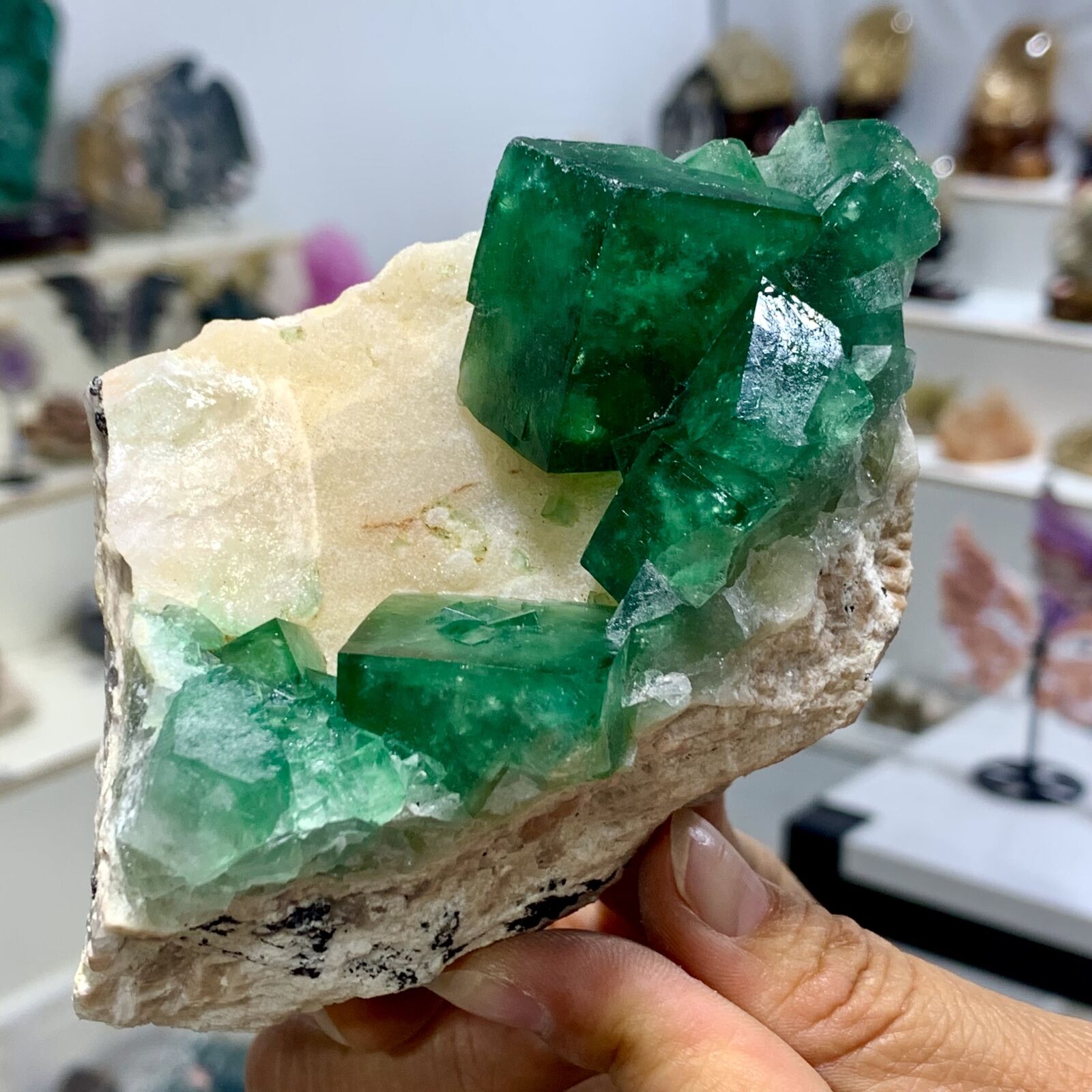 1.38LB Rare transparent GREEN cubic fluorite mineral crystal sample/China