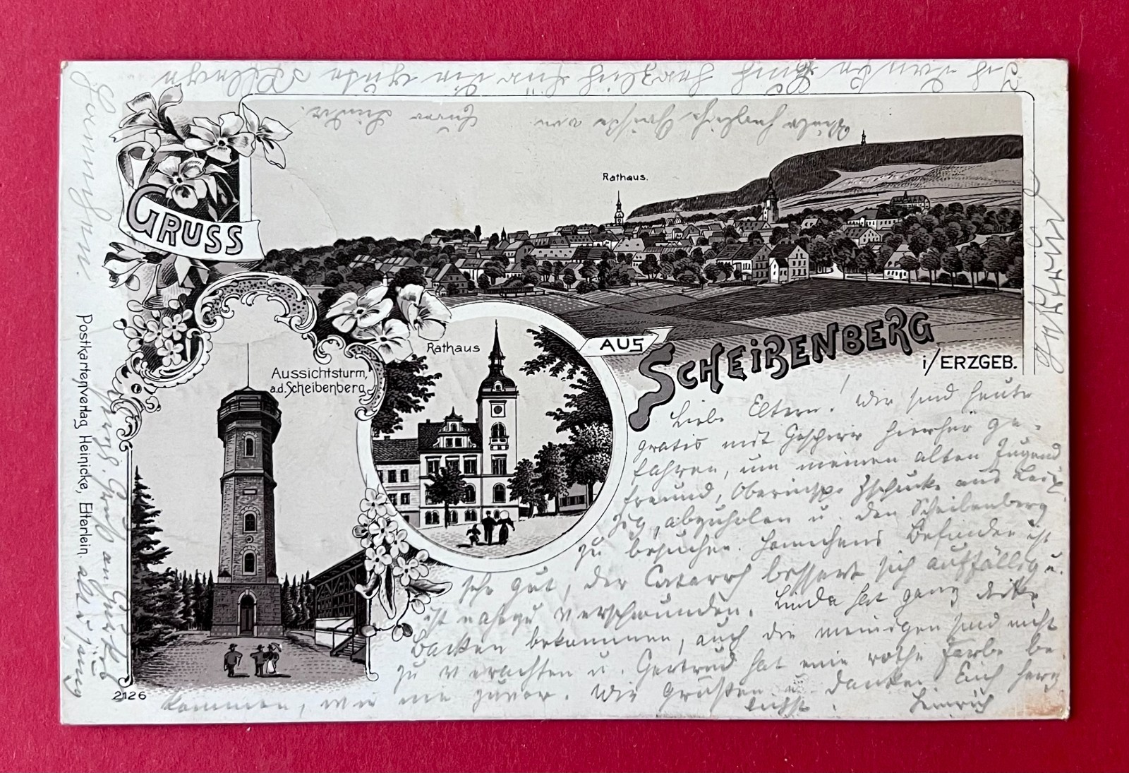 Litho Postcard Scheibenberg in the Erzgebirge 1899 Lookout Tower and City Hall (183308