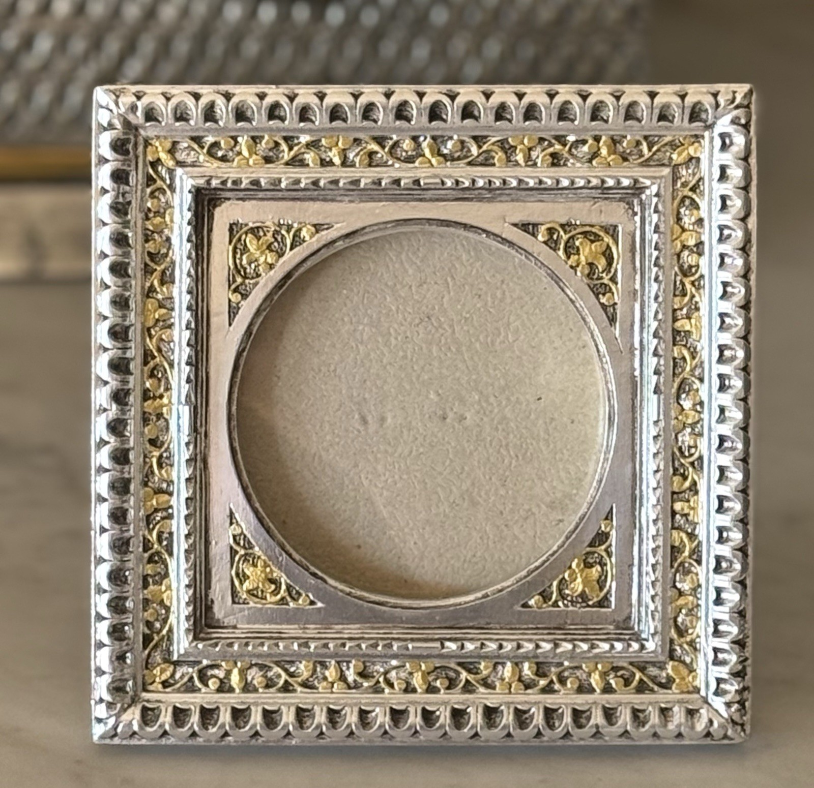 Vintage Silver & Gold Heavy Resin Scroll Design Frame - Square w/ Oval Opening Vintage Silver & Gold Heavy Resin Scroll Design Frame - Square w/ Oval Opening