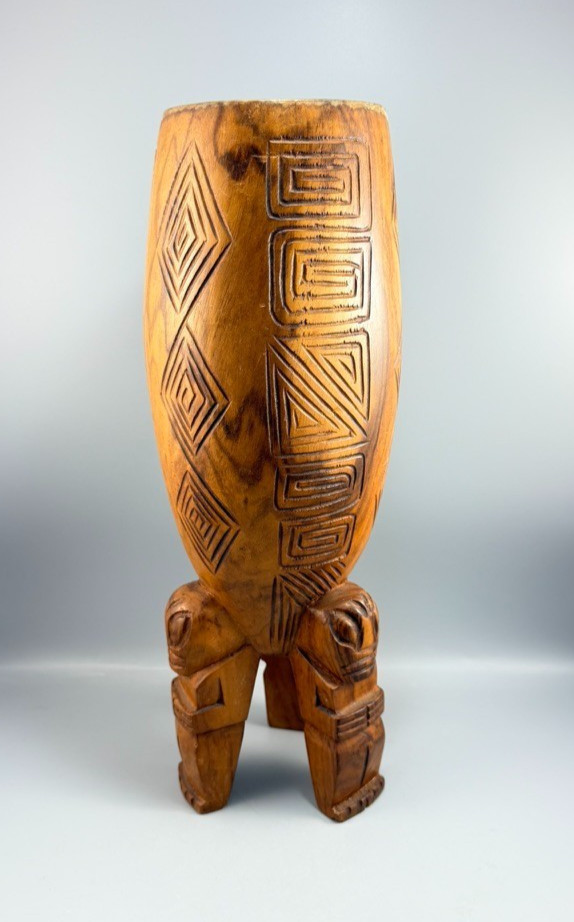 Vintage Carved Wood Polynesian Tiki Hawaiian Figural Vessel Decor 17