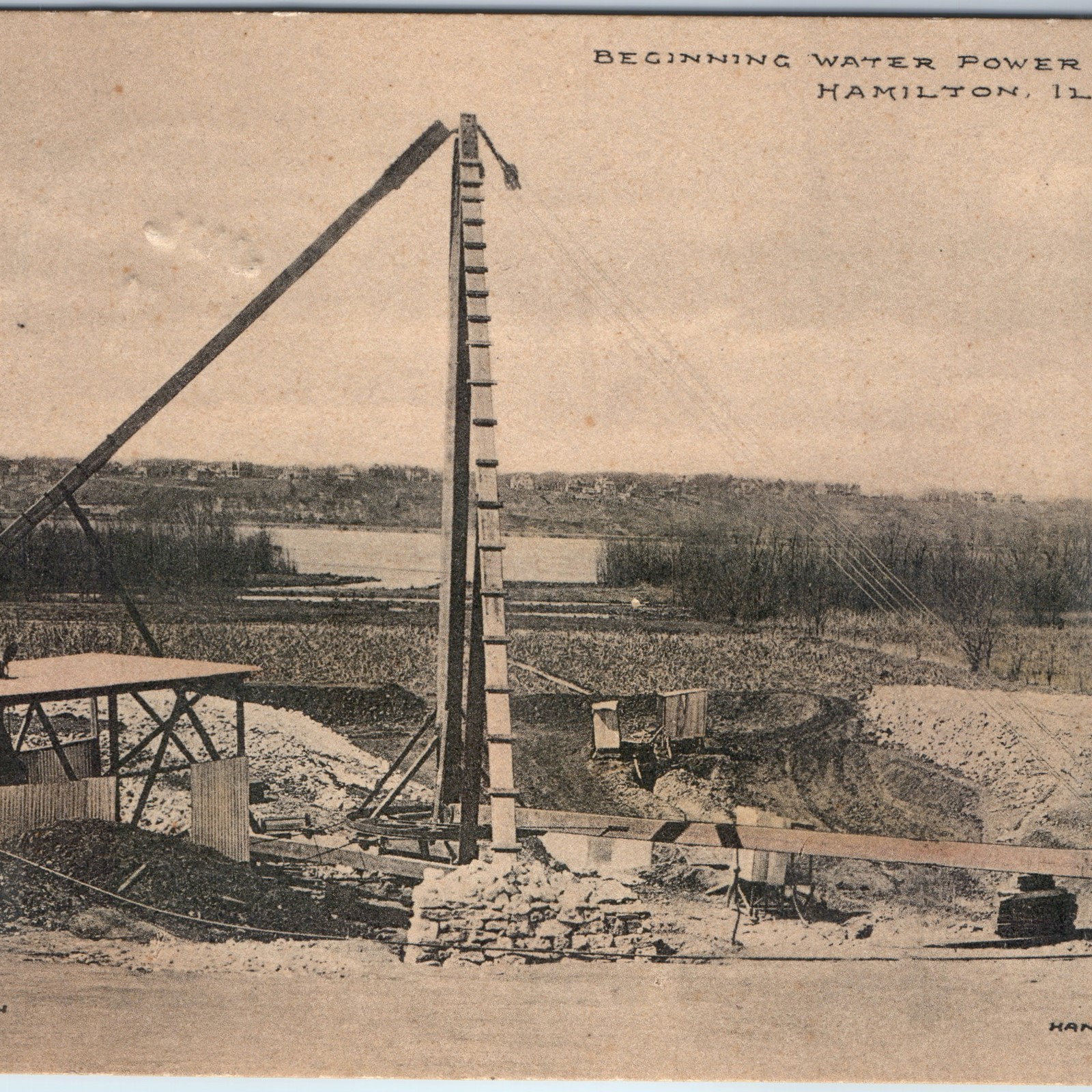 c1910s Hamilton, IL Water Power Dam Construction Site Postcard J.A. Gordon PC