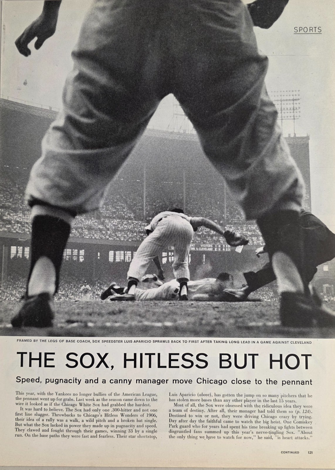 1959 Magazine Photo Chicago White Sox Luis Aparicio Sprawls Back to 1st Base