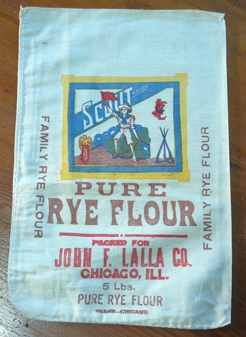 Vintage Cloth Flour Sack, Scout Brand, 5 Pound, Chicago, ILL, John F. Lalla Co. Vintage Cloth Flour Sack, Scout Brand, 5 Pound, Chicago, ILL, John F. Lalla Co.