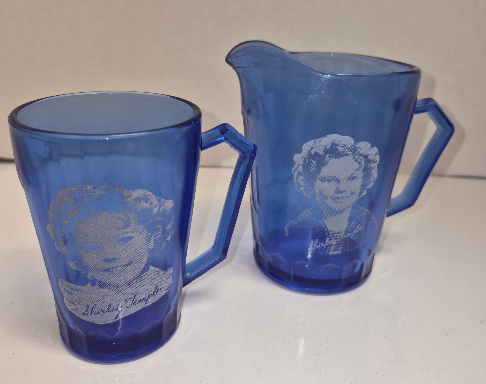 Shirley Temple Blue Pitcher with Matching Glass Vintage Gold Medal Foods Premium Shirley Temple Blue Pitcher with Matching Glass Vintage Gold Medal Foods Premium