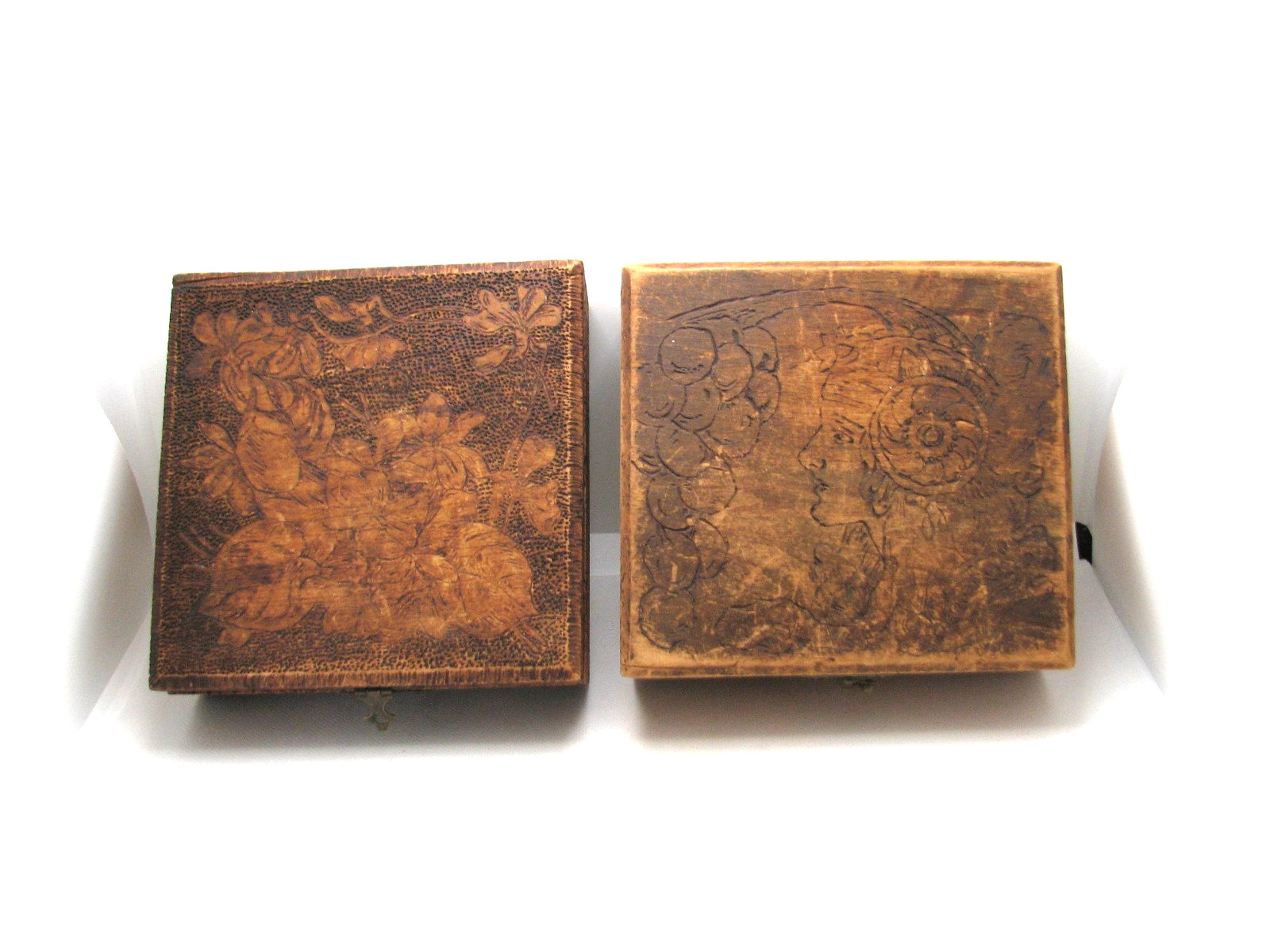 Two Antique Flemish Art Co. New York Pyrography Boxes Maiden w/Grapes, Floral