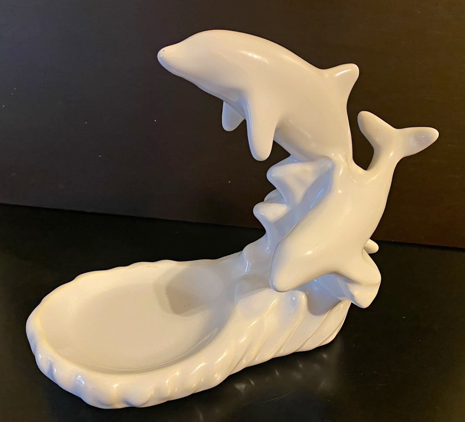 Vintage Haeger Pottery Dolphin Fish Bowl Stand White Pearl Glaze Ceramic Planter