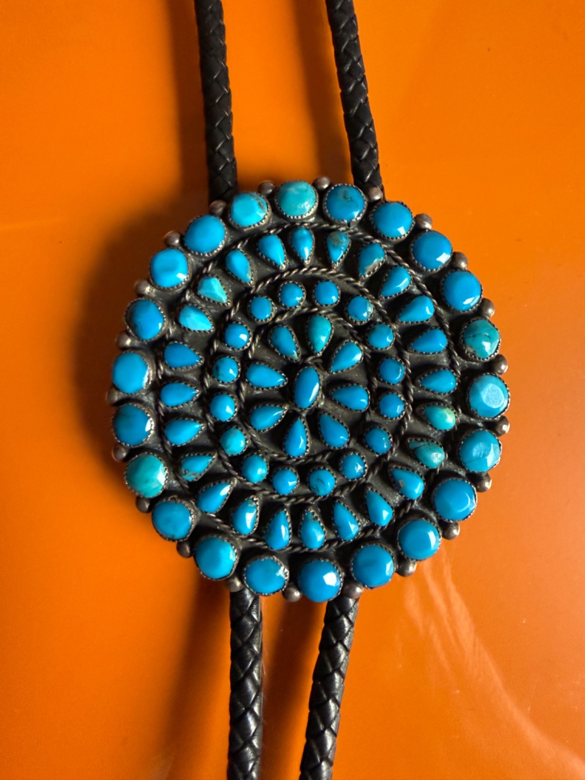 SALE Old Zuni Blue Gem Turquoise chiseled, Sterling Silver Bolo Tie, huge & long