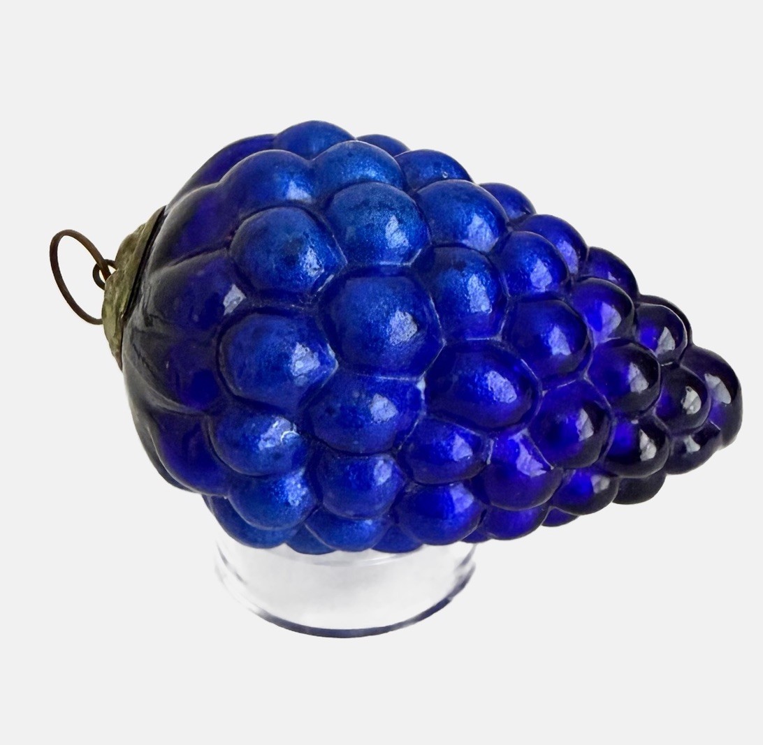 Antique Genuine German 4” KUGEL Glass Ornament Cobalt BLUE GRAPES (See Cap)