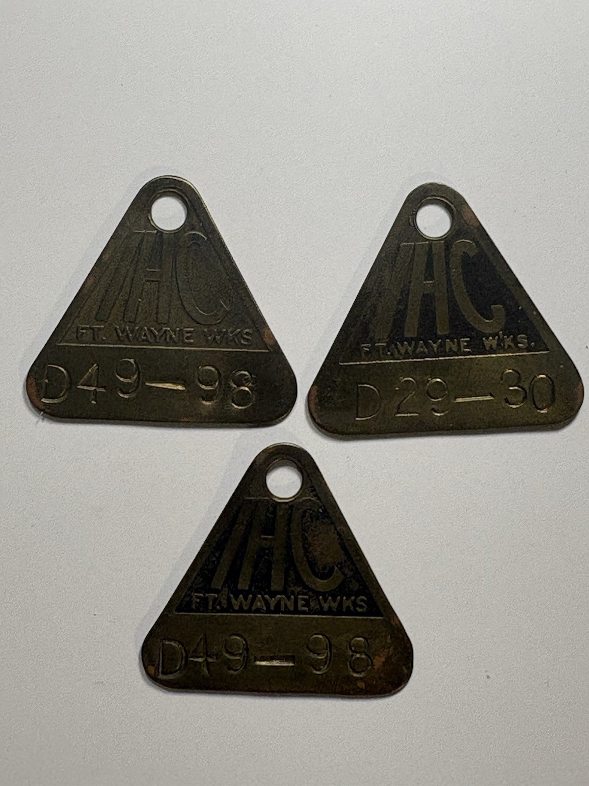 3 INTERNATIONAL HARVESTER IHC 1923 FORT WAYNE IN Automotive Automobile Tool Tags