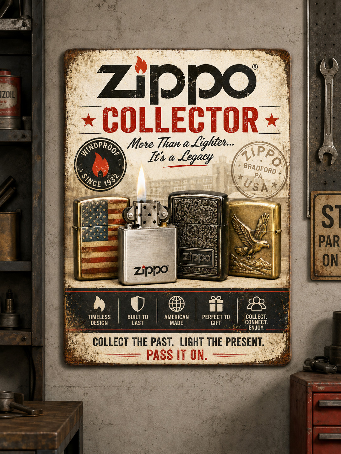 ZIPPO LIGHTER Vintage-Look DECORATIVE REPLICA METAL NEW sign. One sided Aluminum
