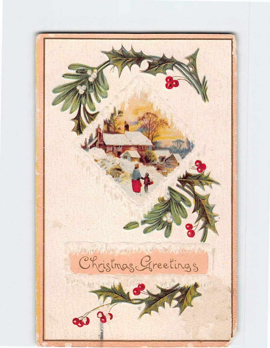 Postcard Christmas Greetings with Hollies Snow Christmas Embossed Art Print