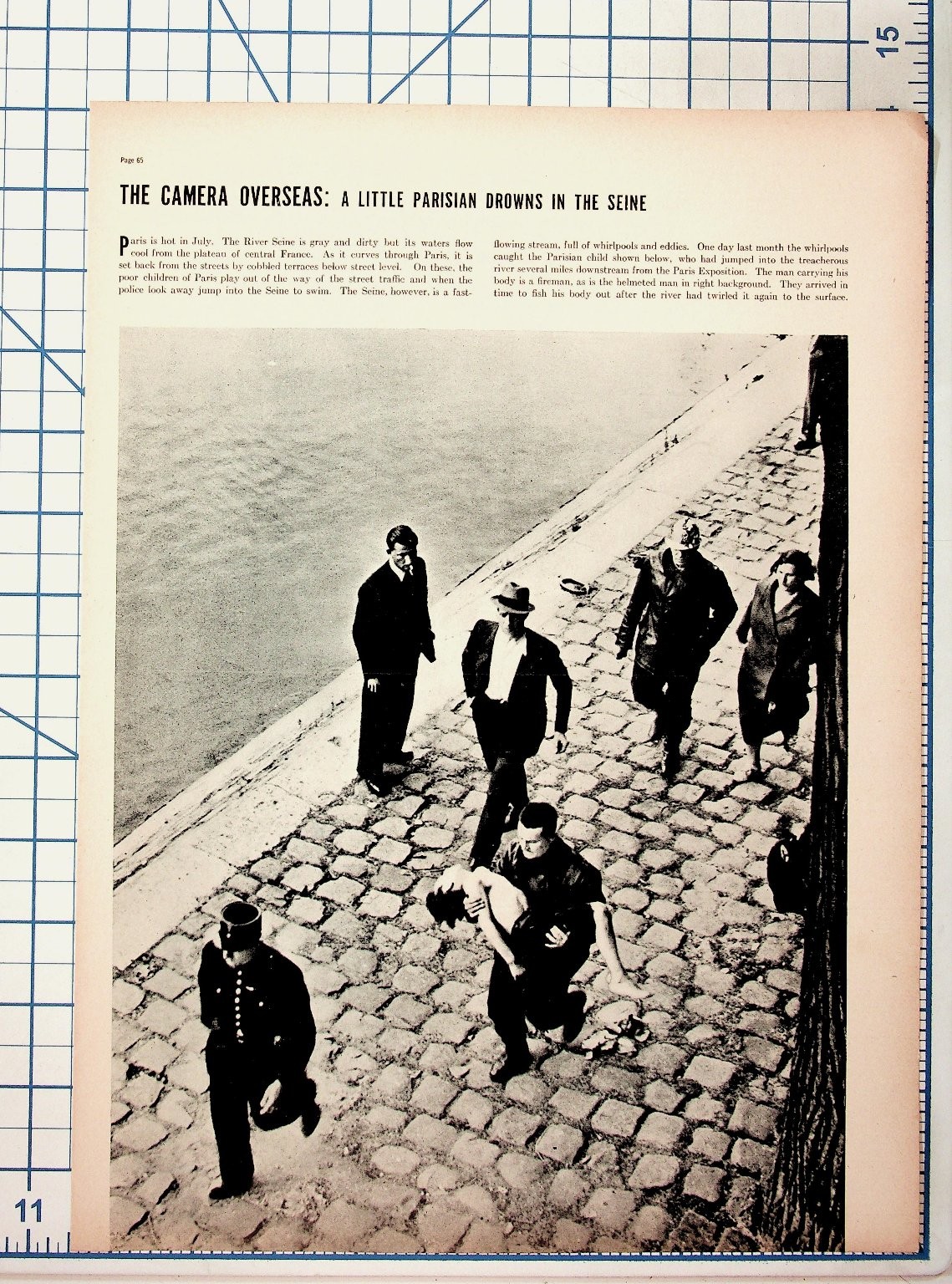 1937 Magazine Photo: Parisian Child Drowns in Seine, Firemen Recovery