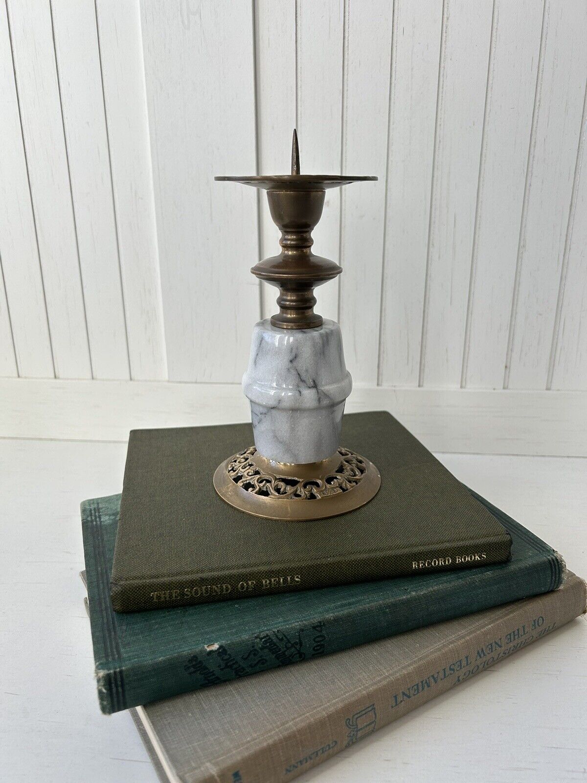 Vintage Marble & Brass Candleholder Candle Stick Stone Candelabra Pillar Brass
