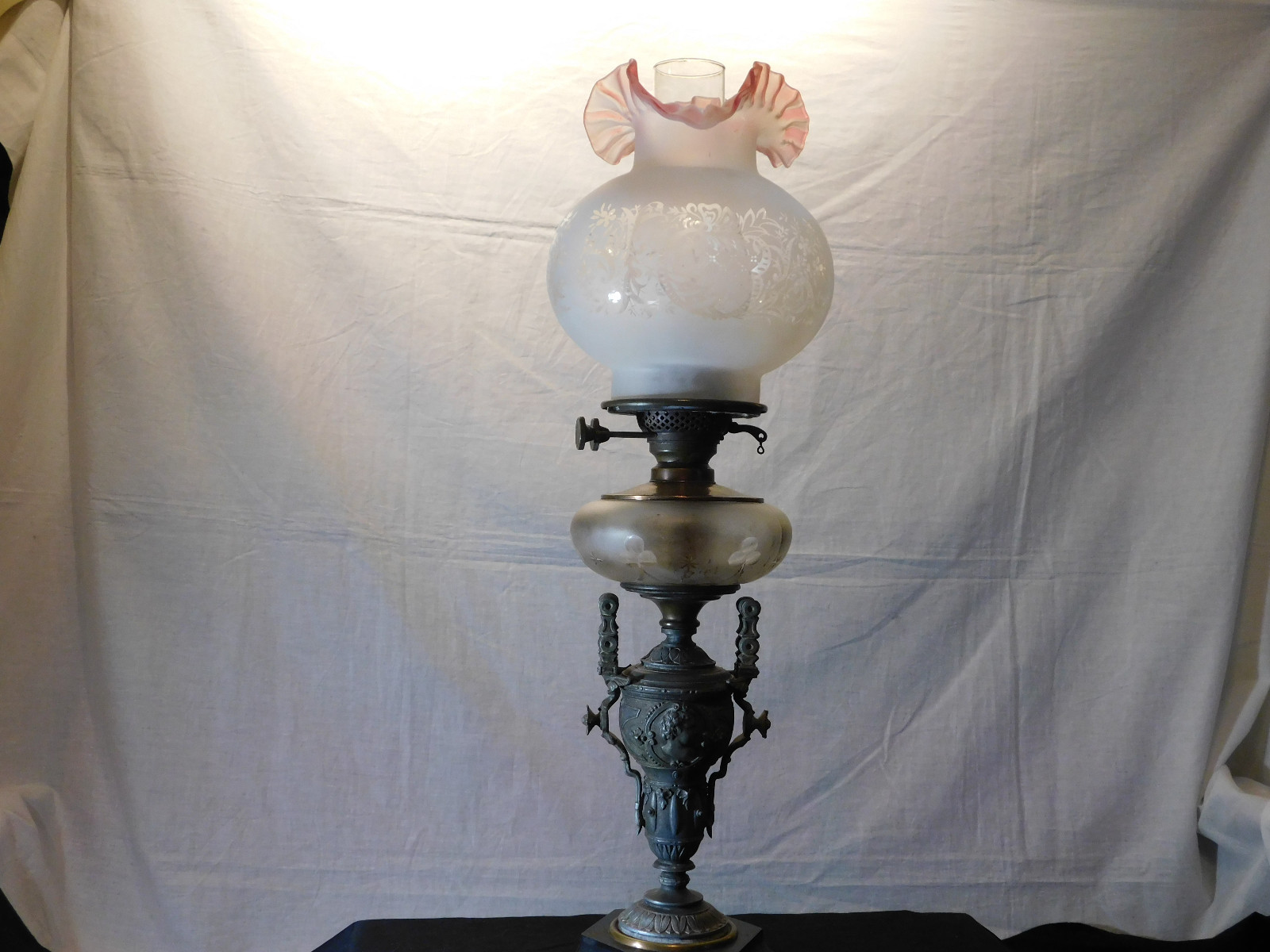 R.Hollins & Co.,Boston,Mass. Antique c1870\'s Oil Lamp Pewter&Etched Glass