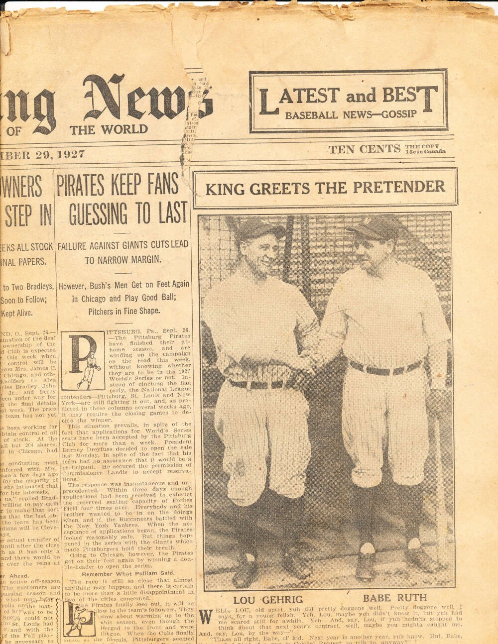 9/29 1927 The sporting News Babe Ruth Lou gehrig full issue bxlg