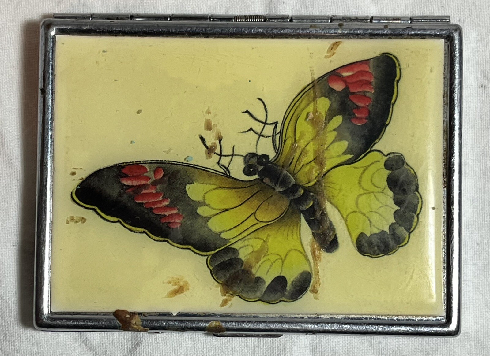 Antique Silver Toned Butterfly Compact/Money Clip Opens/Closes Easily