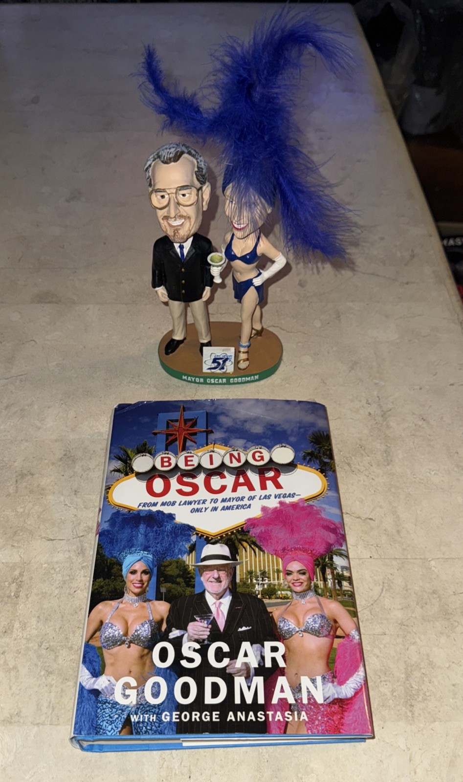 Mayor Oscar Goodman bobblehead W/showgirl Las Vegas 51s souvenir & Signed Book