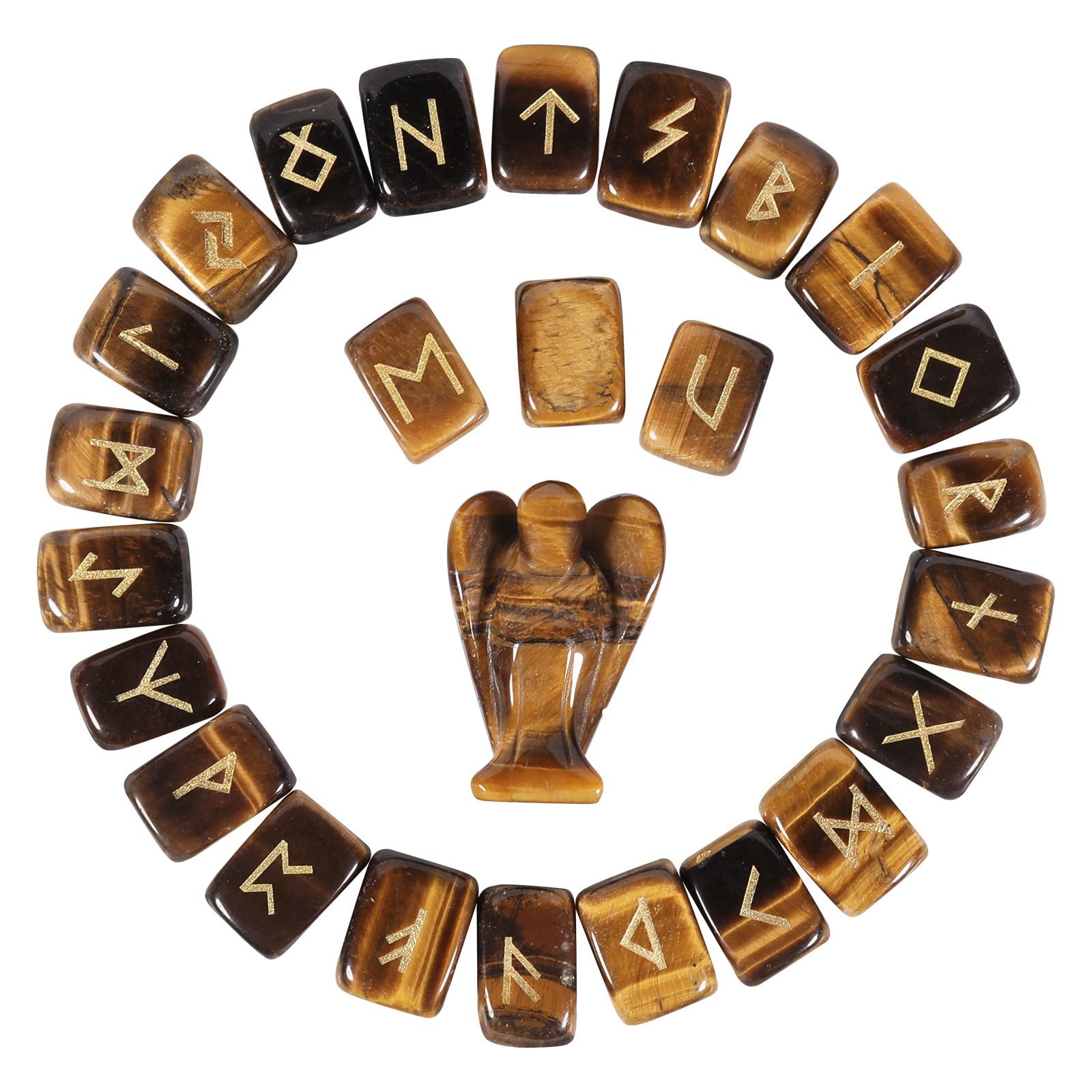 Tiger's Eye Runes Stones Set & Guardian Angel Figurine