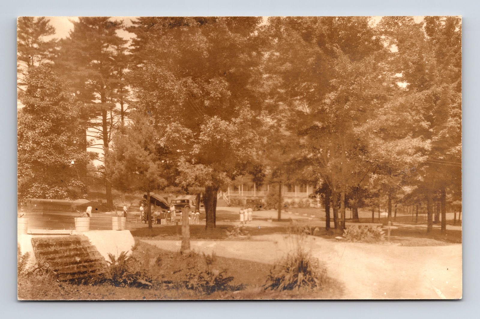 RPPC Outdoor Picnic by Inn Old Car People Unknown Location Postcard