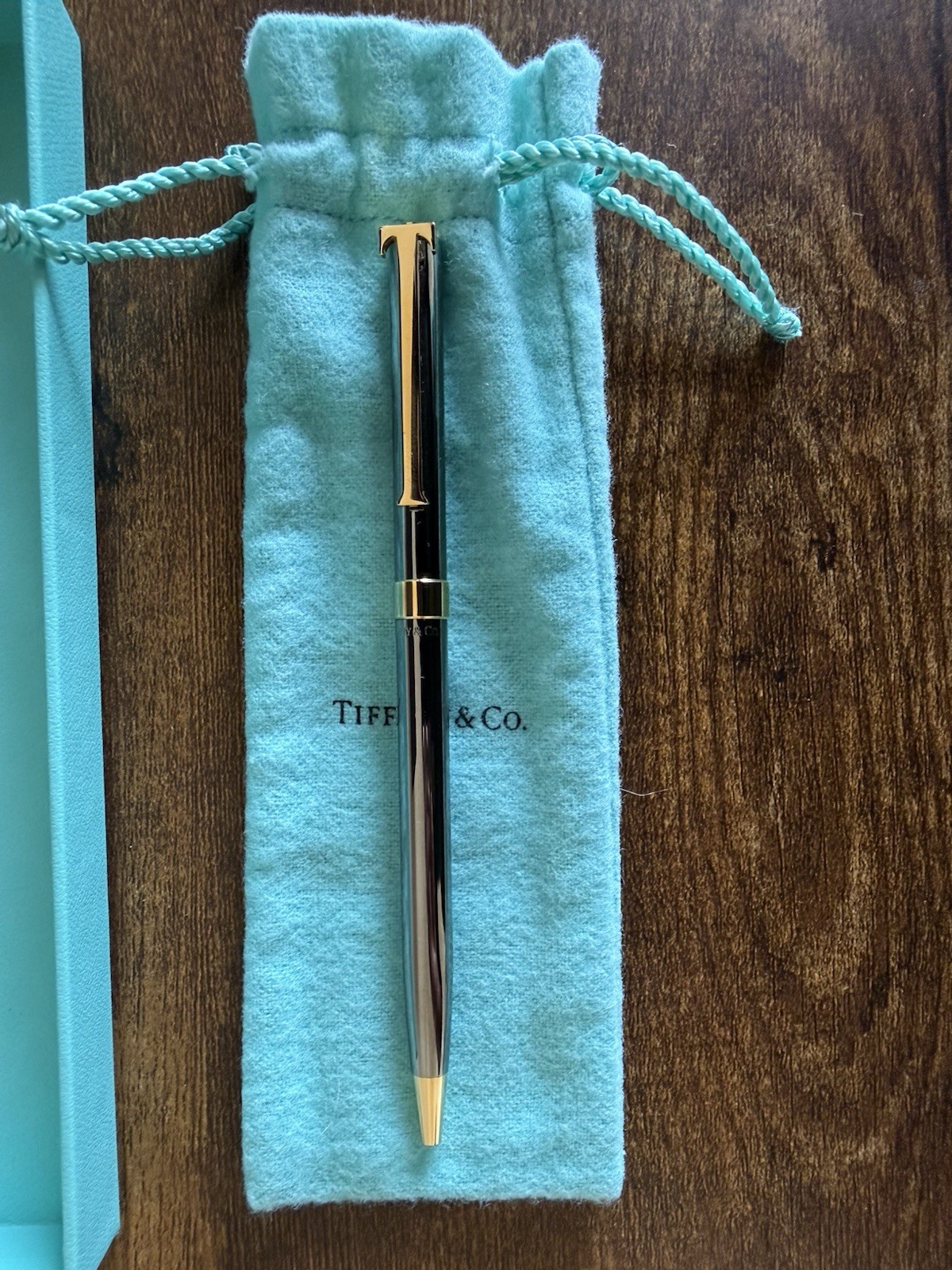 Tiffany & Co. Metal Ballpoint Pen Gold Trim Black Ink w/ Blue Box & Pouch
