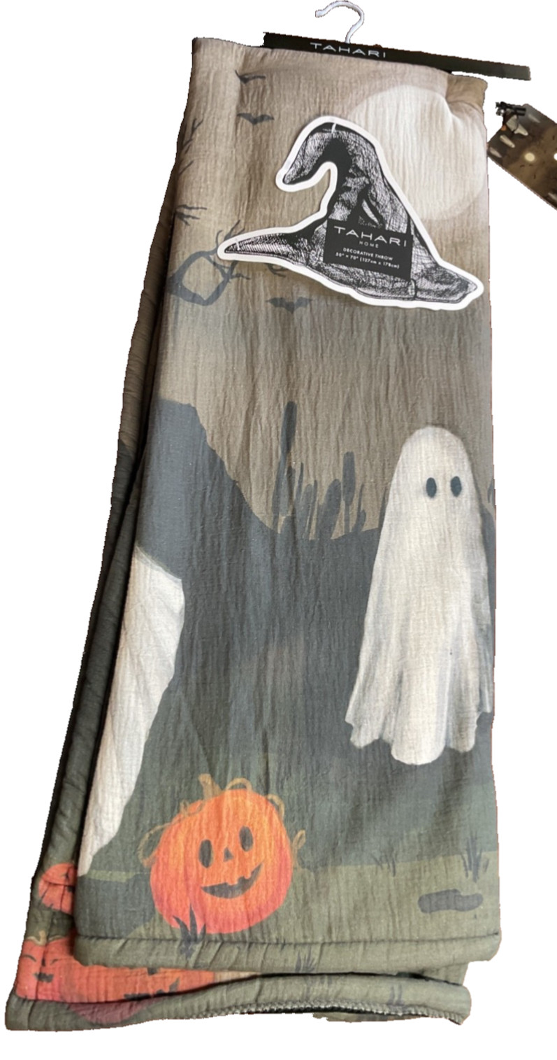 Tahari Decorative Throw Blanket HALLOWEEN GHOSTS JACK O LANTERNS POLYESTER NWT