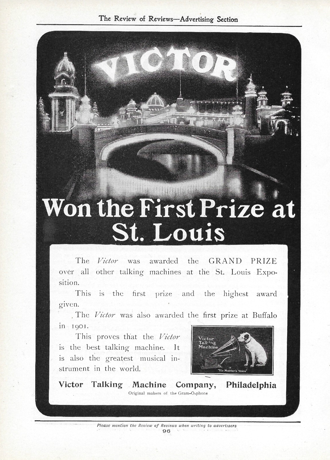 1904 St Louis Expo Victor Talking Machine Ad 1st Prize 1901 Buffalo Pan-American
