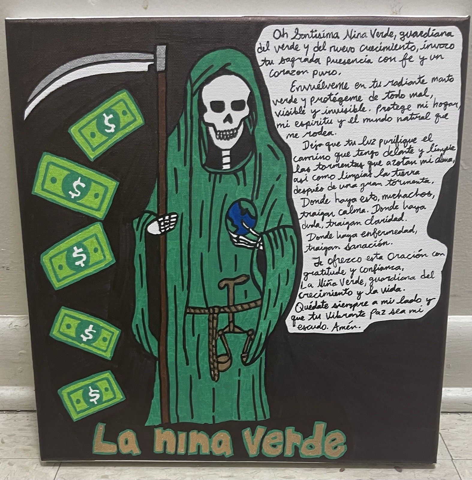 Beautiful La Nina Verde La Santa Muerte Acrylic Painted Canvas With Prayer