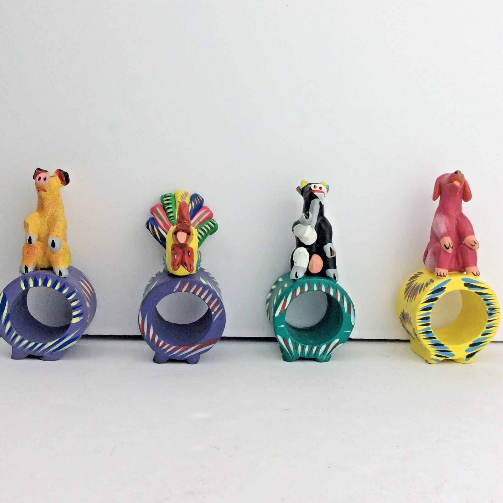 HandPainted Terracotta Napkin Ring Mexican Folk Art Set  of 4 Animals Ortega Vtg