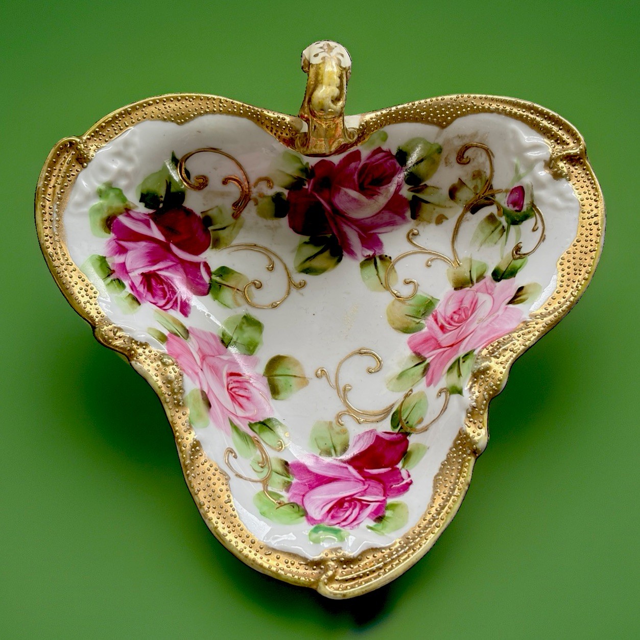 Antique Nippon Maple Leaf Hand Painted Rose Nappy Dish Gold Moriage Trim c1905