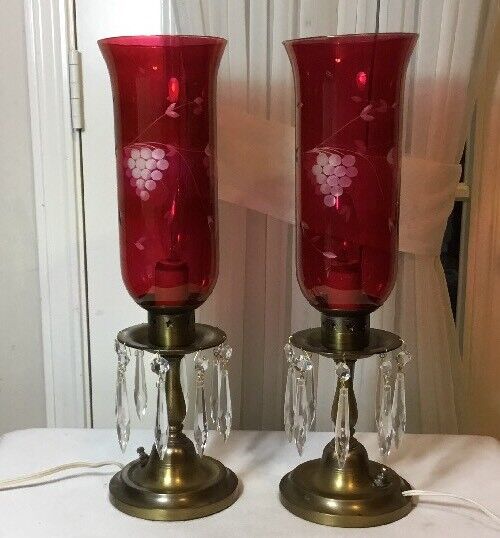 Pair Vintage Brass Electric Lamps w/ Crystal Prisms And Cranberry Glass Chimney