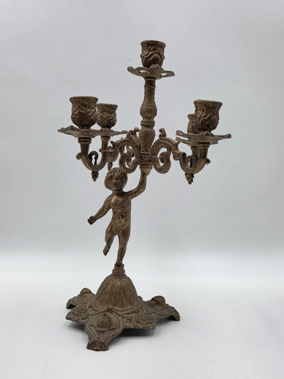 Rare Antique Rococo Cherub Putto 5 Light Candelabra Figural Ornate Candle Holder