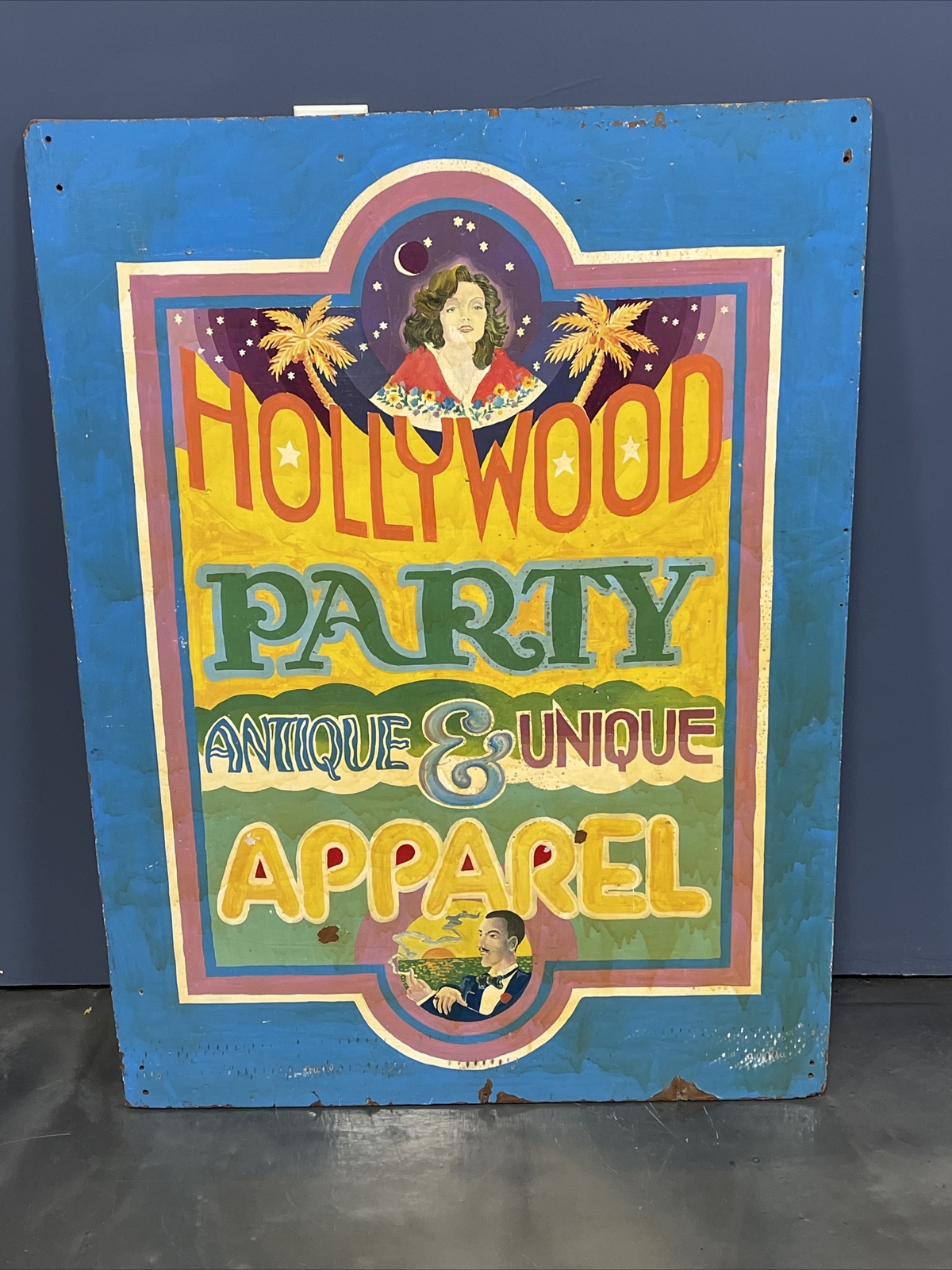 VINTAGE STORE  ADVERTISING SIGN HOLLYWOOD PARTY ANTIQUE & UNIQUE APPAREL
