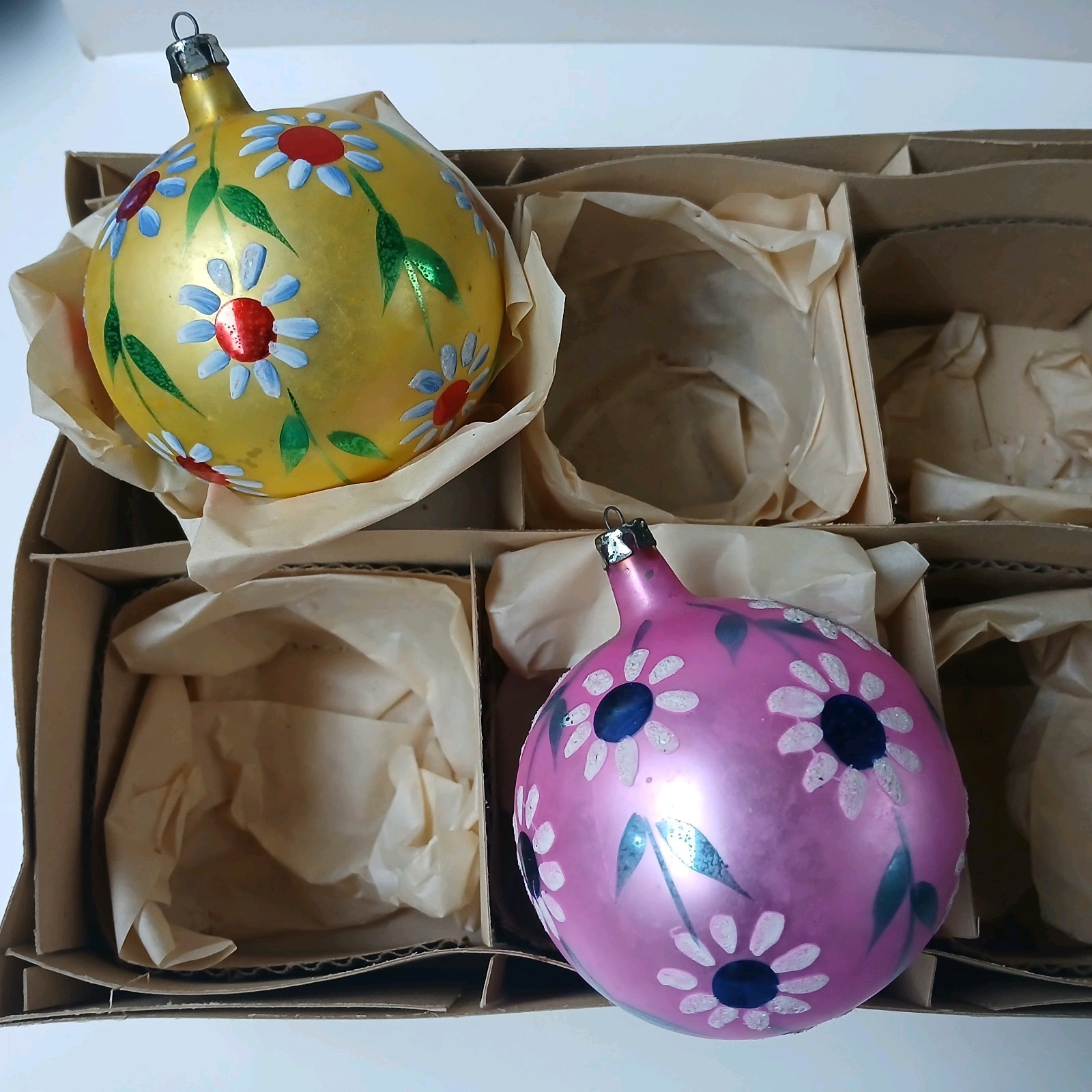2 Vintage Poland Daisies Glass Christmas Ornaments Pink Gold Large Handpainted