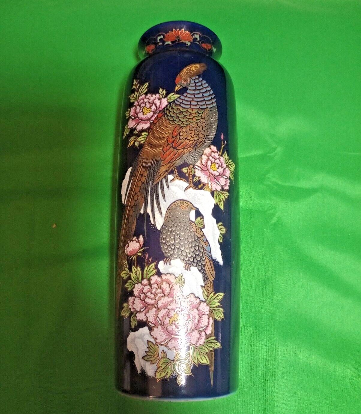 Japanese Kutani Style Porcelain Colbat Blue Peacock Vase