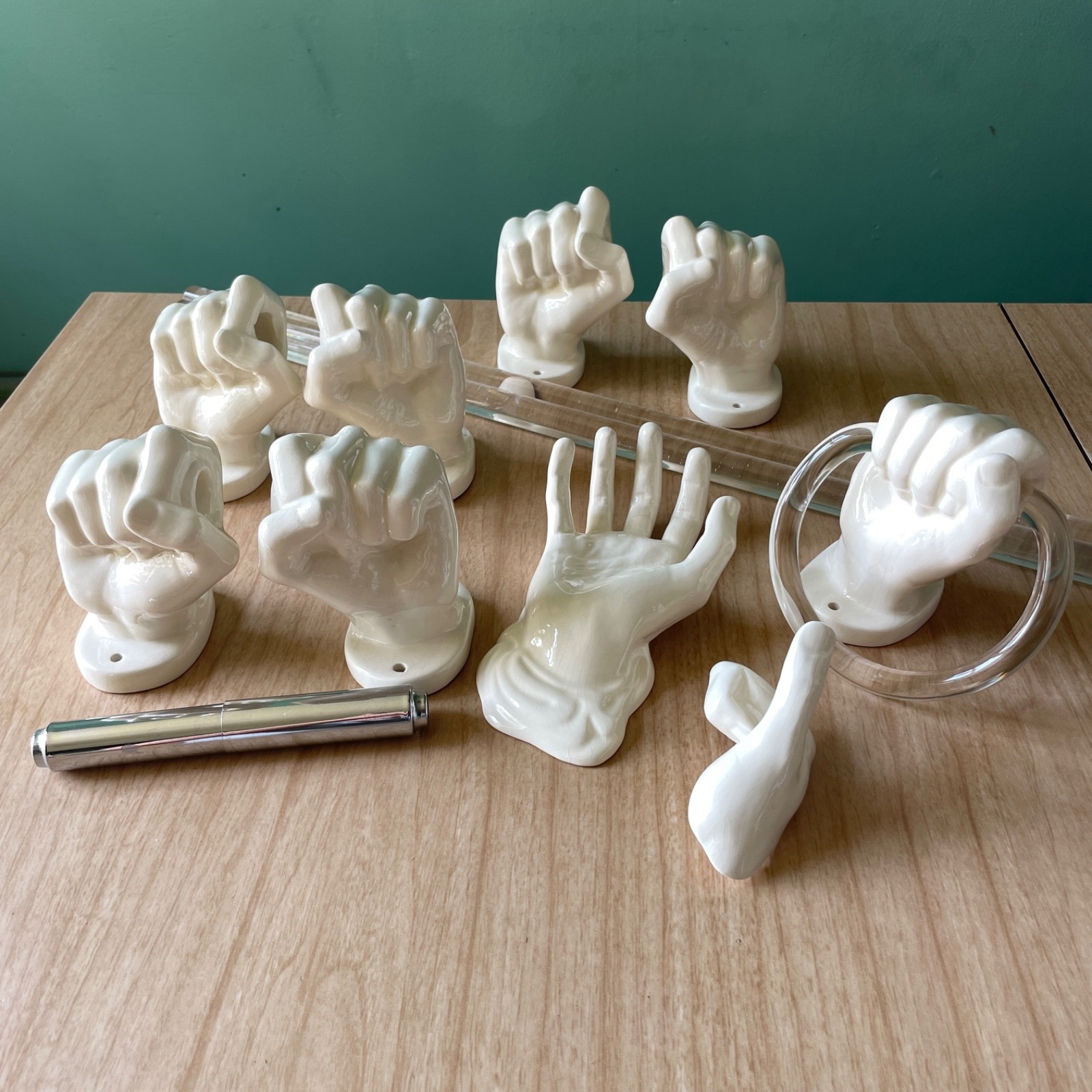 Vtg 1970s NANCY FUNK Ceramic HANDS 2 Towel Bars TP Acrylic Ring ++ White POP ART